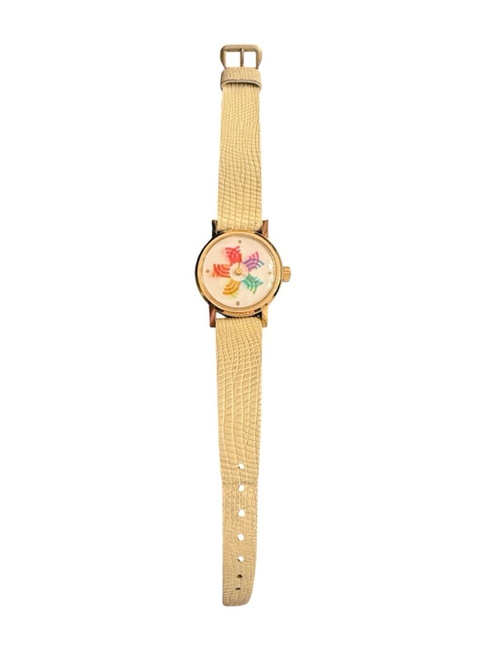 Vintage AVON LeJour Time Co Pinwheel Wristwatch Ivory Leather Band Watch